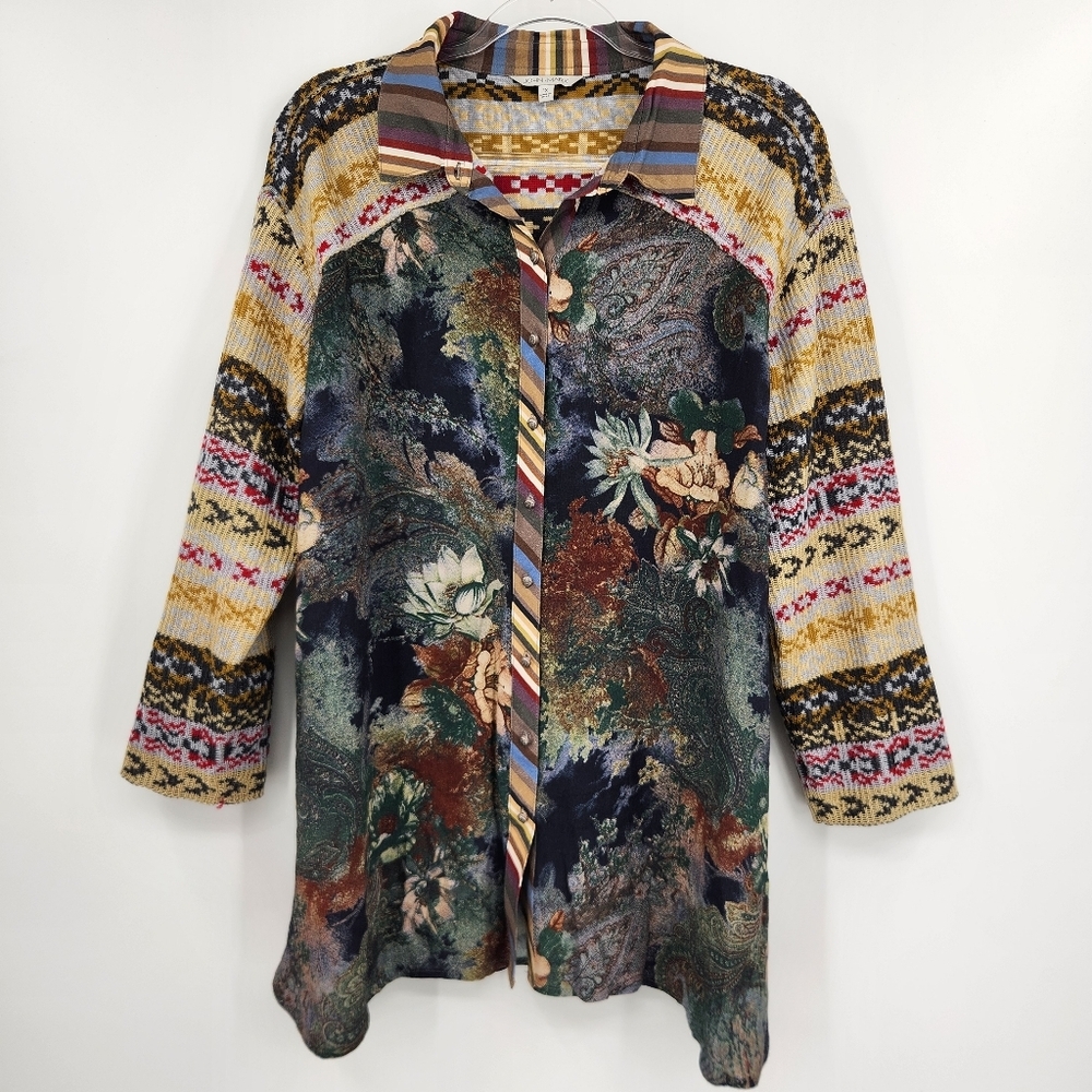 John Mark 3/4 Sleeve Mixed Media Button Front Shirt Womens Size 1X Multicolor